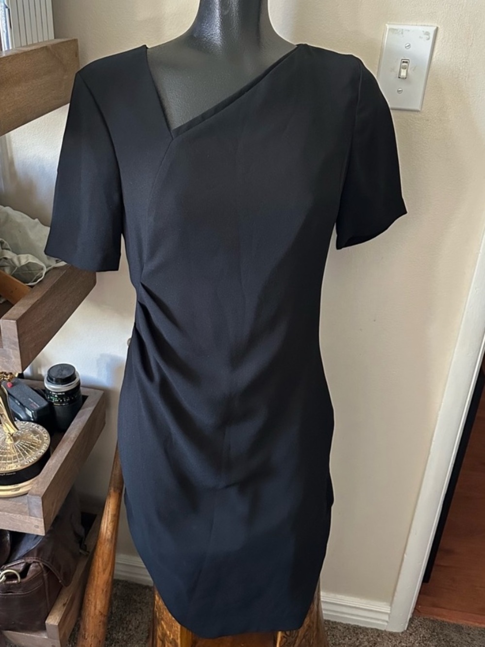 Tahari Black Short Sleeve Dress with Asymmetrical Neckline